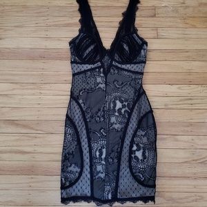 Bebe Nude Black Lace Overlay V Neck Corset Dress